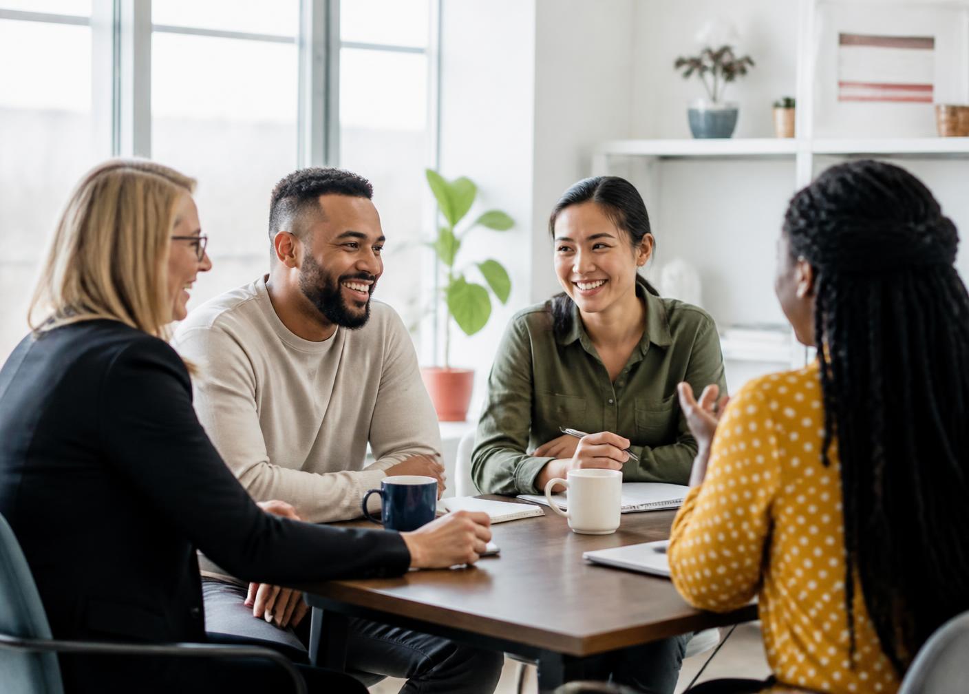 A diverse team of care professionals in conversation